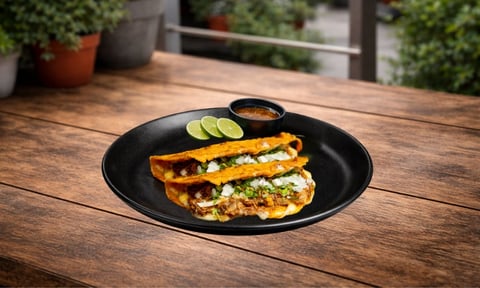 Two golden tacos on a black plate with lime slices and sauce, served on an outdoor wooden table