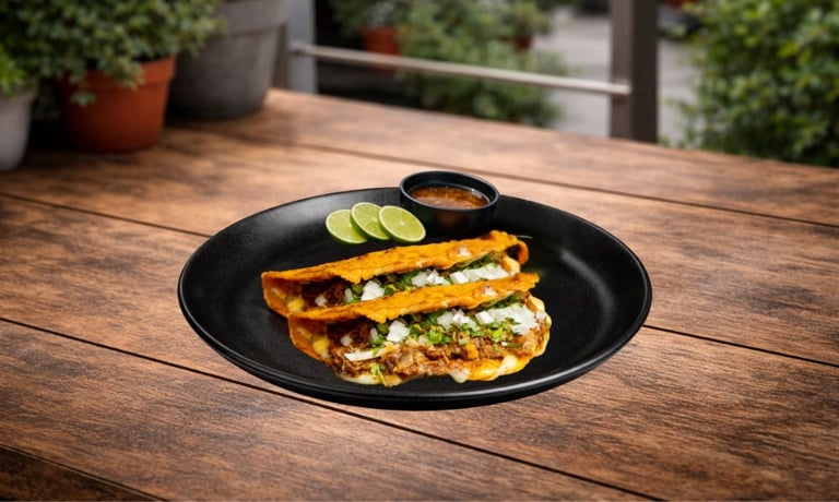 Two golden tacos on a black plate with lime slices and sauce, served on an outdoor wooden table