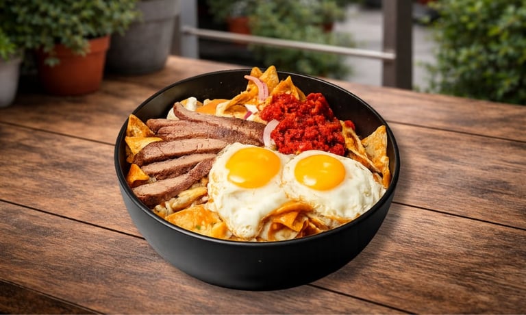 Chilaquiles del Patrón con huevo frito, tiras de res, verduras y gochujang en bowl negro sobre mesa de madera