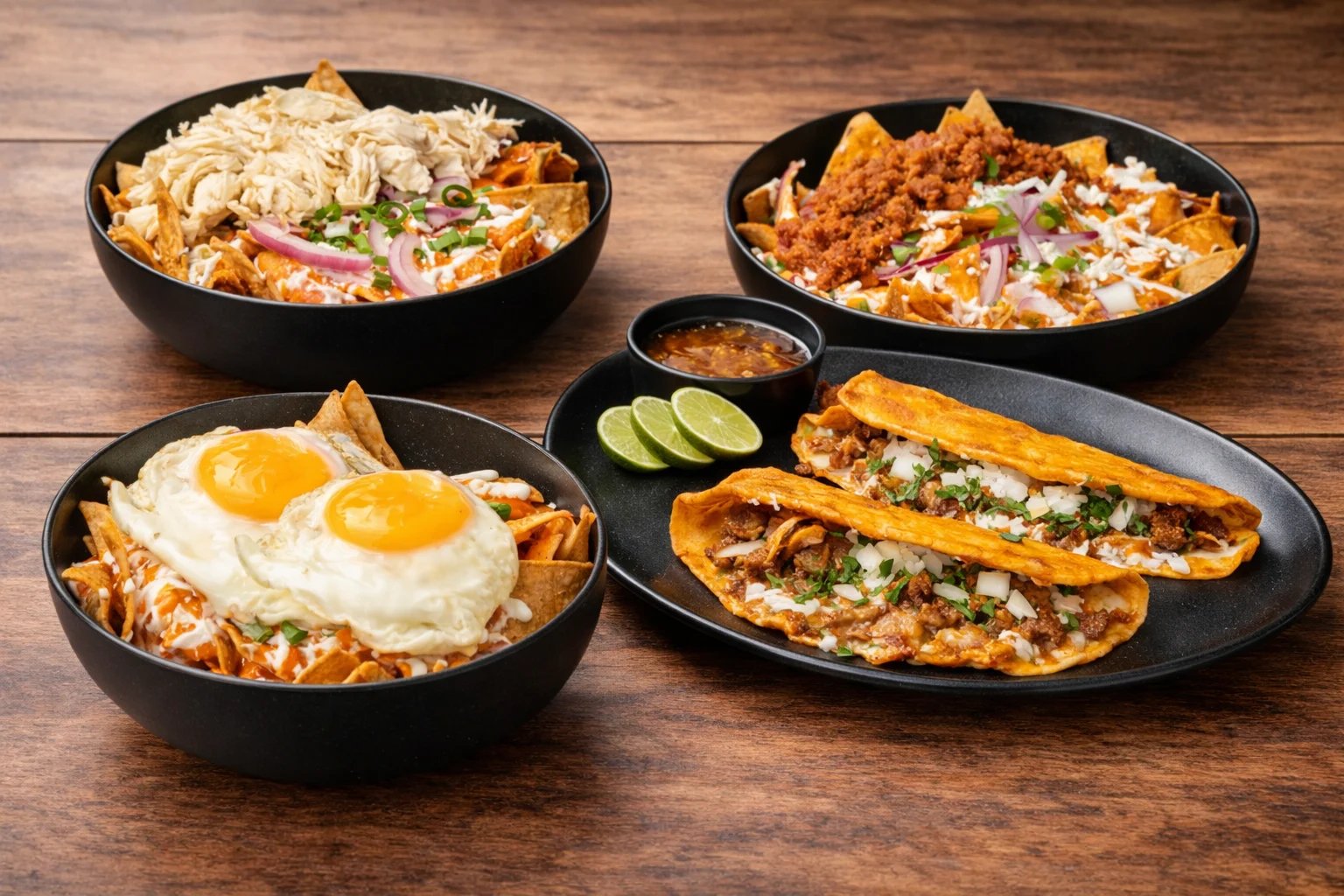 Four black plates of Mexican comfort food dishes featuring loaded nachos, crispy chicken, fried eggs, and stuffed chilaquiles served on a wooden table